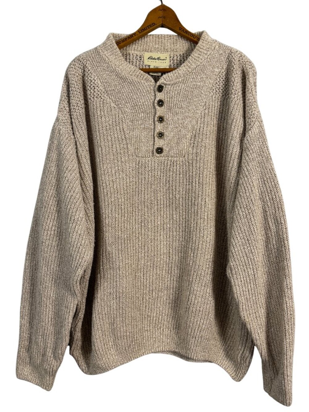 Vintage Eddie Bauer 100% Cotton Henley Sweater Men’s Large Oatmeal Knit